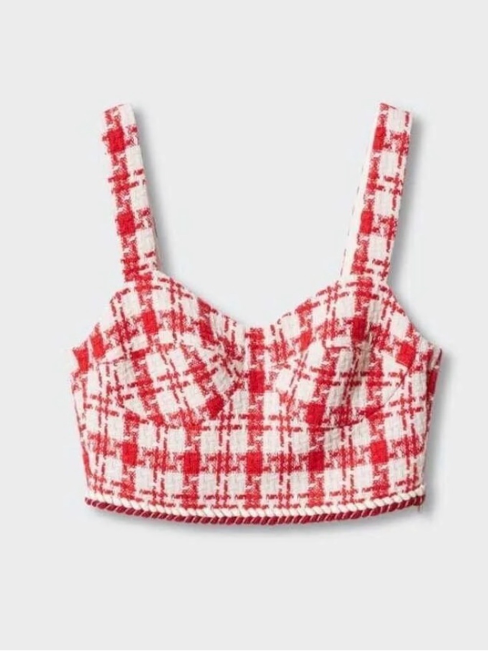 Mango Red & White Plaid Tweed Bustier Corset Crop Top Houndstooth MNG Small